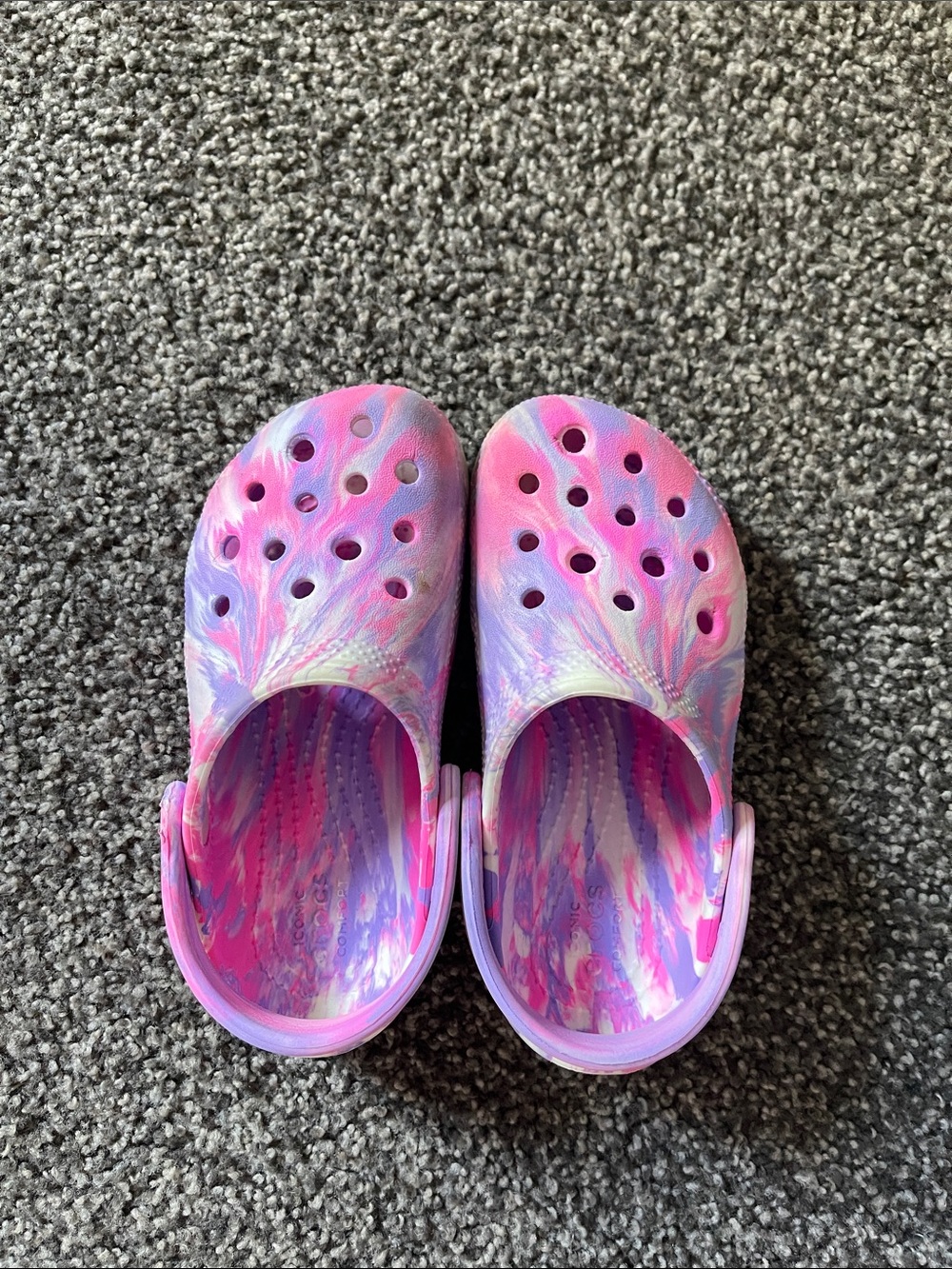 Crocs. Kids Tie-Dye Pink & Purple Clog Sandals. Gently used